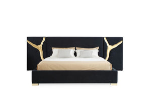 VIG Furniture Aspen Eastern King Bed & Nightstands In Black Velvet With Gold Accents, High-Gloss Finish, Soft-Close Drawers VGVCBD1801-BLK-BED-2NS-SET-EK