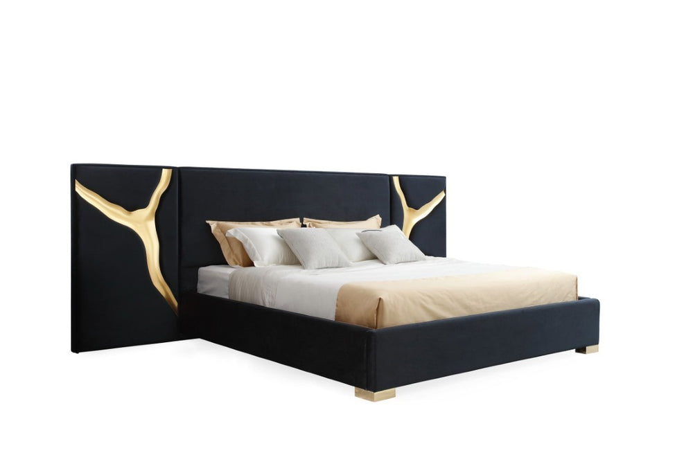 VIG Furniture Aspen Eastern King Bed & Nightstands In Black Velvet With Gold Accents, High-Gloss Finish, Soft-Close Drawers VGVCBD1801-BLK-BED-2NS-SET-EK
