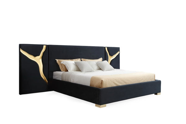 VIG Furniture Aspen Eastern King Bed & Nightstands In Black Velvet With Gold Accents, High-Gloss Finish, Soft-Close Drawers VGVCBD1801-BLK-BED-2NS-SET-EK