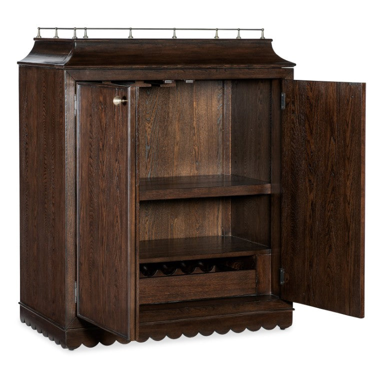 Hooker Furniture Commerce Dukes Bar Cabinet With Dark Elm, Gold Accents, Wine Glass Racks, 8-Bottle Pullout & Hidden Drawer 7228-50725-85