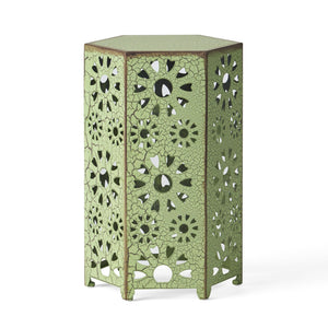 English Elm Galore Iron Patio Side Table with Sunburst Cutout and Crackle Finish for Outdoor Lounging Green 60815.00CGRN
