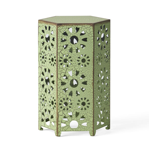 English Elm Eliana Outdoor Iron Nesting Side Tables with Sunburst Cutout and Crackle Finish Patio Accent Set Green 69740.00CGRN