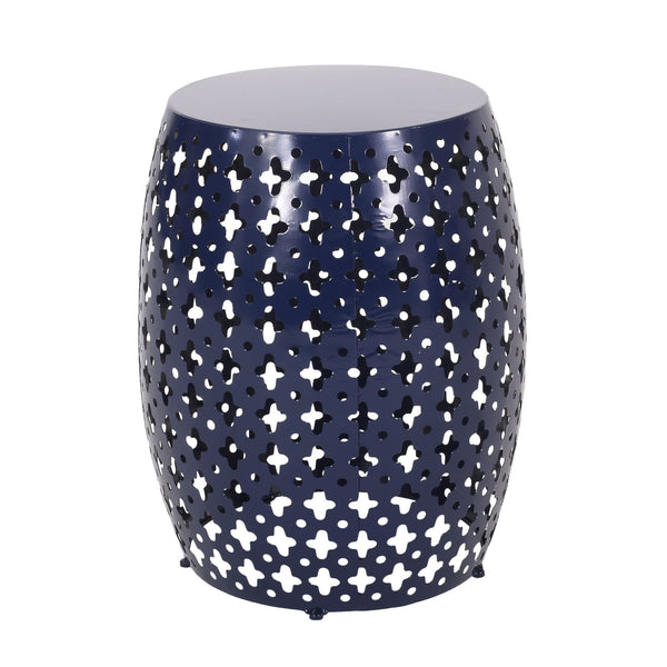 English Elm Metal Barrel End Table Powder Coated Iron Geometric Cut Indoor Outdoor Accent 73609.00NBLU