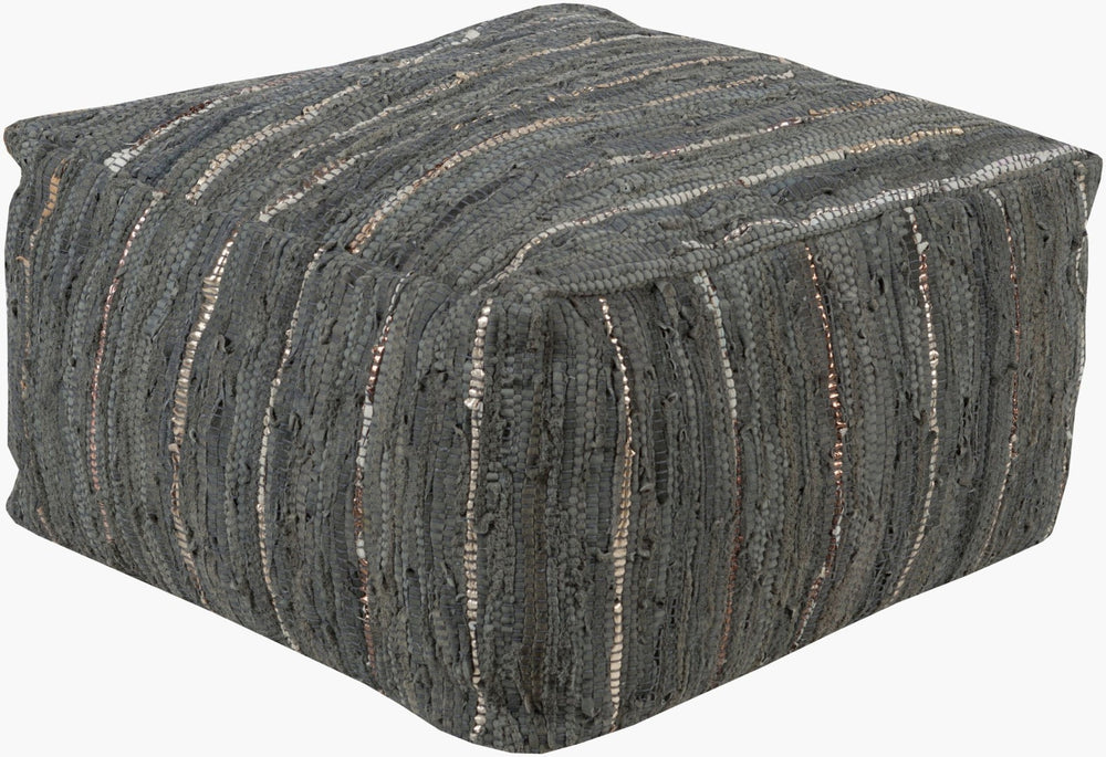 Livabliss Anthracite Woven Leather Cotton Pouf Artisan Farmhouse Footrest for Living Room ATPF-003