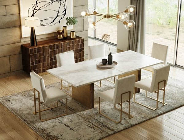 VIG Furniture Auer White Marble Dining Table With Gold Double Pedestal Base — Rectangular 102" Luxe Centerpiece VGGM-DT-VALDERA-DT