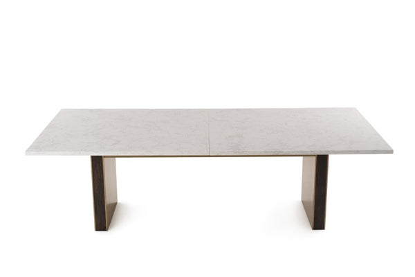 VIG Furniture Auer White Marble Dining Table With Gold Double Pedestal Base — Rectangular 102" Luxe Centerpiece VGGM-DT-VALDERA-DT