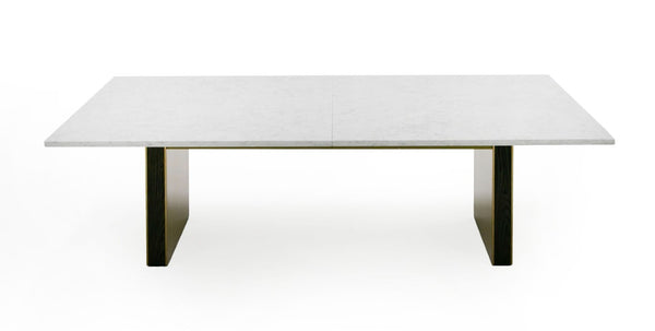 VIG Furniture Auer White Marble Dining Table With Gold Double Pedestal Base — Rectangular 102" Luxe Centerpiece VGGM-DT-VALDERA-DT