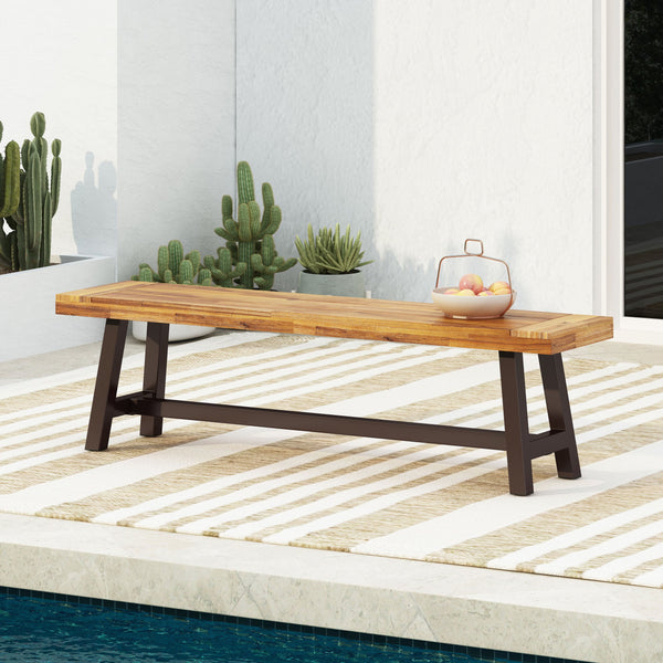 English Elm Dark Acacia Slatted Dining Bench Handcrafted with Iron Frame for Farmhouse Spaces 54562.00MP1