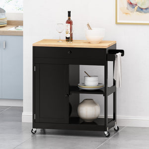 English Elm Christopher Knight Home® - Kitchen Island Cart with Solid Wood Top, 32" Wide Mobile Kitchen Cart with Cabinet, Drawer, Towel Rack on Locking Wheels 67754.00NATBLK