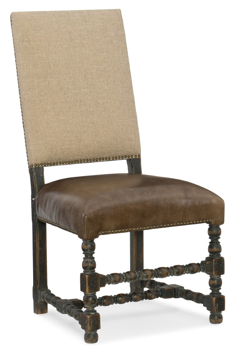 Hooker Furniture Hill Country Comfort Upholstered Side Chair Rustic Top-Grain Leather Seat, Woven Back, Bronze Nailhead Trim 5960-75410-BLK