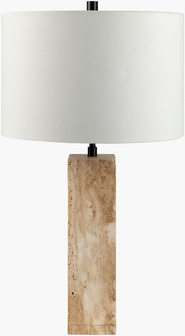 Surya Aurembra Industrial Rustic 28" Accent Table Lamp - Stylish Travertine Body & Warm Light Diffusion Body, Amber Travertine,Iron,Linen,Polyester,Iron Aum-001