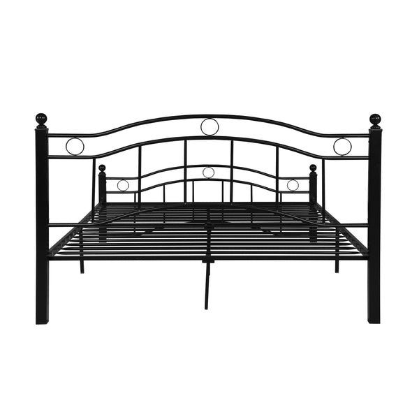 English Elm Queen Iron Platform Bed Camelback Headboard Geometric Finial Posts Victorian Loft Style Black 63298.00FBLK-Q