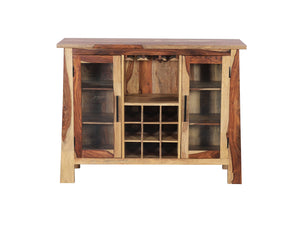 Porter Designs Porter Kalispell Bar Cabinet - Handmade Solid Sheesham Wood With Glass Storage & Metal Accents Natural Wood 07-196-30-2419