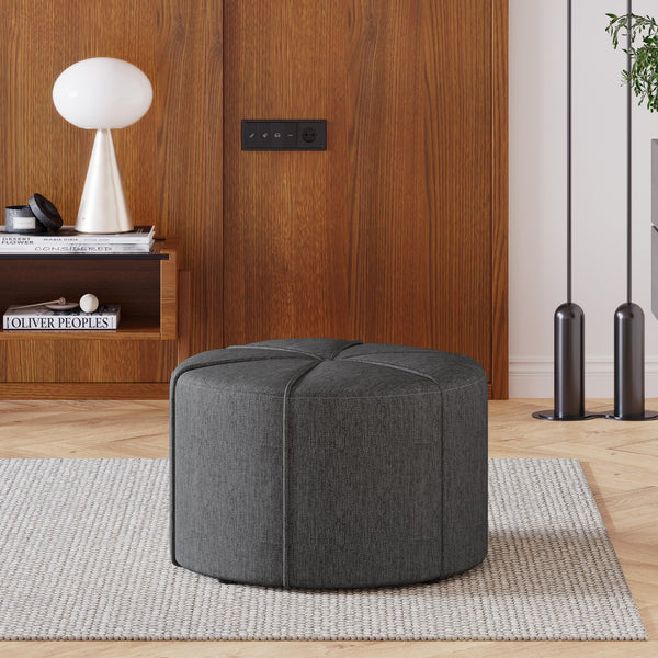 English Elm Ottoman Round Drum Tufted Footrest Neutral Fabric for Modern Living Rooms 71829.00CHAR