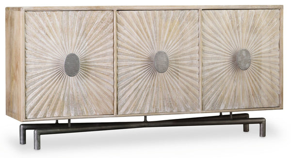 Hooker Furniture 68-Inches Sunburst Entertainment Console In Sandblasted Whitewash Mango Wood With Iron Base, Tv-Ready Storage And Artisan Texture 5560-55468-LTWD