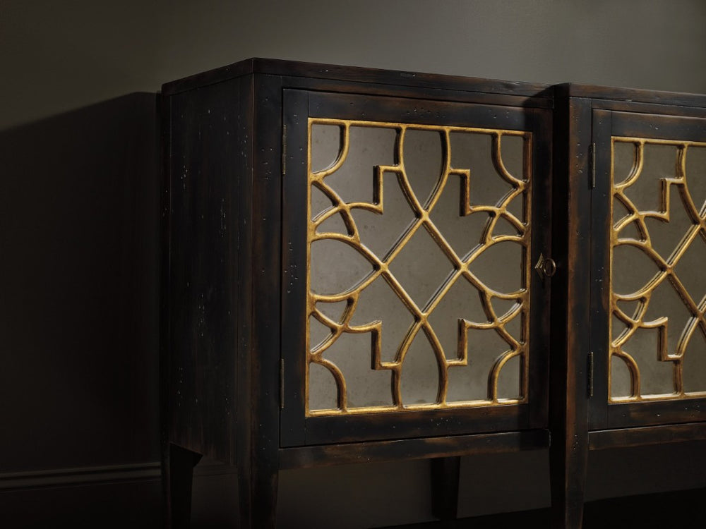 Hooker Furniture Sanctuary Four-Door Mirrored Console With Ebony Finish, Gold Leaf Fretwork & Adjustable Shelving 3005-85005