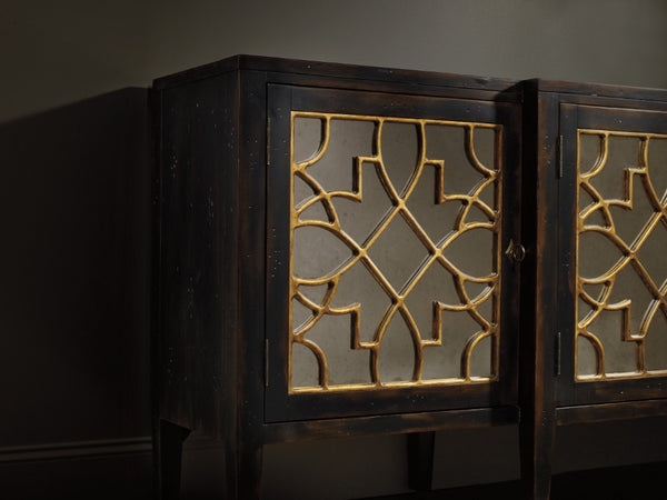 Hooker Furniture Sanctuary Four-Door Mirrored Console With Ebony Finish, Gold Leaf Fretwork & Adjustable Shelving 3005-85005