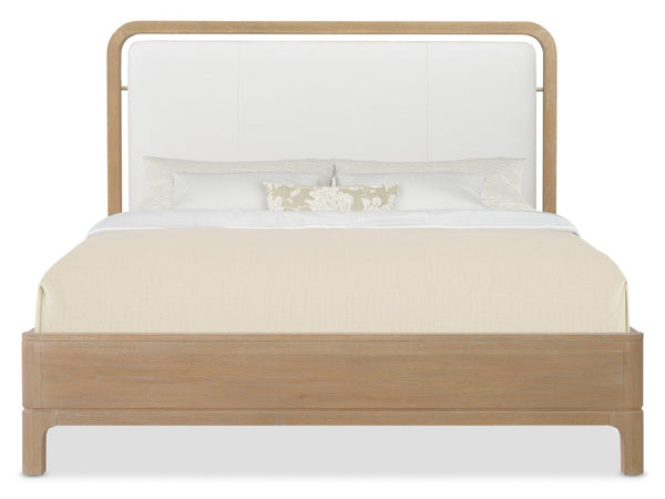 Hooker Furniture Banyon Modern King Panel Bed With Leather-Trim Headboard, White Oak Desert Finish, Sturdy Craftsmanship Beige 6081-90366-82