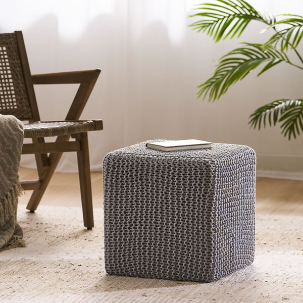 English Elm Christopher Knight Home® - KNITTED Foot Stool with Handcrafted Cotton Cover, Compact 17" Cube, Sturdy Versatile Accent Seat LIGHT GREY 62665.00LGRY