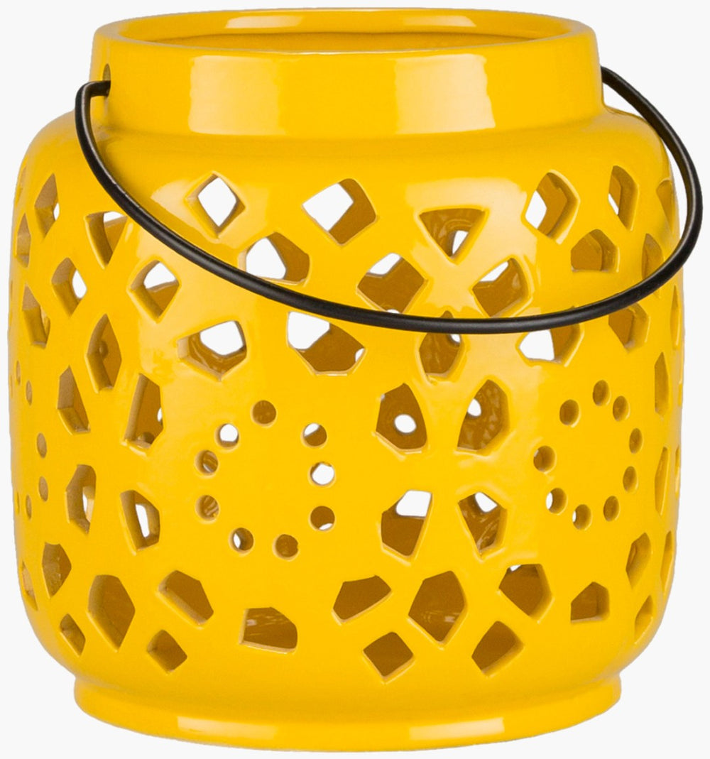 Livabliss Avery Ceramic Moroccan Lantern Geometric Cutwork Candleholder for Indoor Outdoor Decor Mustard 10"H x 6"W x 6"D AVR924-M