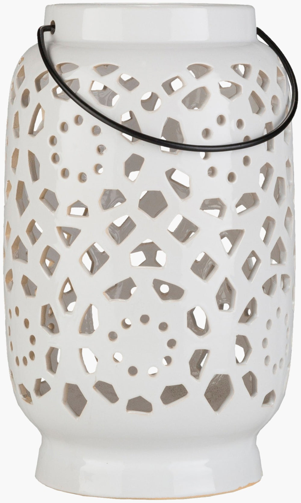 Livabliss Avery Moroccan Geometric Ceramic Lantern Candleholder for Indoor Outdoor Decor White 11"H x 7"W x 7"D AVR929-L