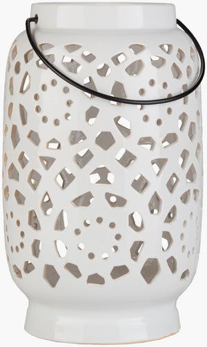 Livabliss Avery Moroccan Geometric Ceramic Lantern Candleholder for Indoor Outdoor Decor White 11"H x 7"W x 7"D AVR929-L