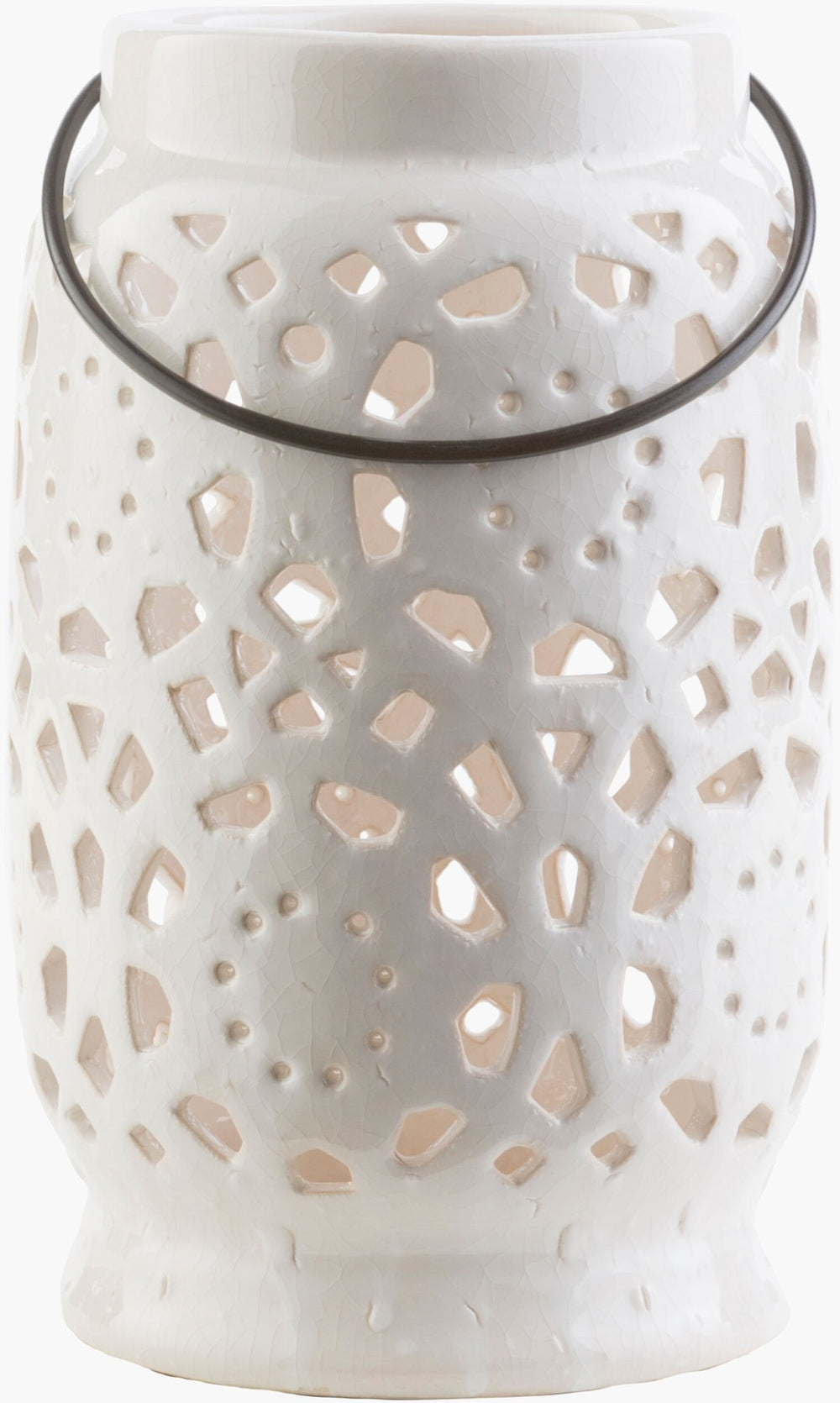 Livabliss Avery Moroccan Geometric Ceramic Lantern Candleholder for Indoor Outdoor Decor White 11"H x 7"W x 7"D AVR929-L