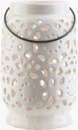 Livabliss Avery Moroccan Geometric Ceramic Lantern Candleholder for Indoor Outdoor Decor White 10"H x 6"W x 6"D AVR929-M