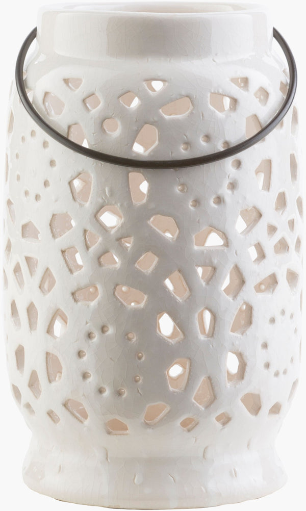 Livabliss Avery Moroccan Geometric Ceramic Lantern Candleholder for Indoor Outdoor Decor White 10"H x 6"W x 6"D AVR929-M
