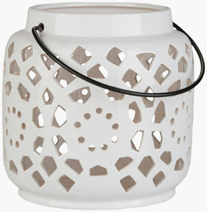 Livabliss Avery Moroccan Geometric Ceramic Lantern Candleholder for Indoor Outdoor Decor White 7"H x 6"W x 6"D AVR929-S