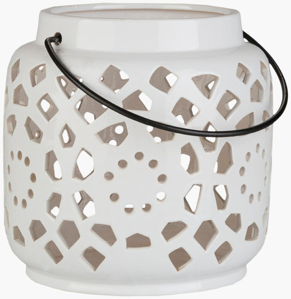 Livabliss Avery Moroccan Geometric Ceramic Lantern Candleholder for Indoor Outdoor Decor White 7"H x 6"W x 6"D AVR929-S