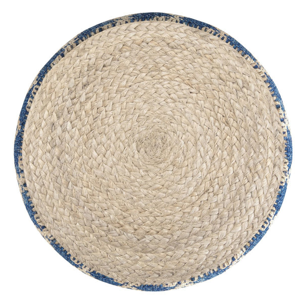 English Elm Edgeley Handwoven Round Pouf Ottoman with Jute & Cotton Diamond Pattern – Supportive Structured Seat Blue B136P159341
