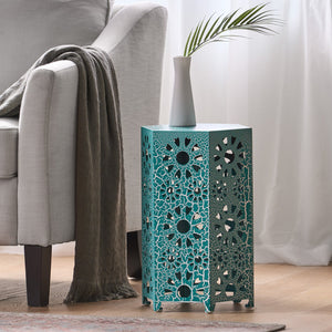 English Elm Eliana Wrought Iron Outdoor Side Table Sunburst Cutout Design for Patio and Balcony Teal 60816.00CT