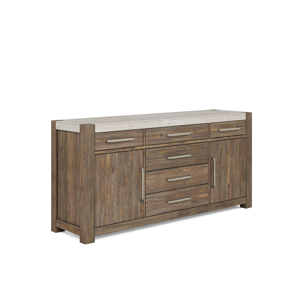 A.R.T. Furniture Stockyard Credenza: Transitional Style With Smoked Finish, Travertine Top, And Ample Storage Solutions Brown Ash Solids,Knotty White Oak Veneers,Travertine 284252-2303