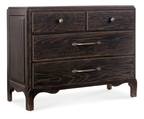 Hooker Furniture Americana Distressed Bachelor Chest With Scalloped Base, Antique Bronze Pulls, 4 Self-Closing Drawers, Timeless Appeal Blacks 7050-90217-89