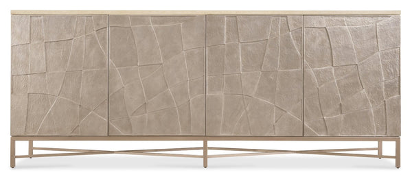 Hooker Furniture Westwood Polished Limestone Credenza With Venetian Dawn Silver‑Leaf Doors, Media‑Ready Storage & Metal Base 6133-55490-80