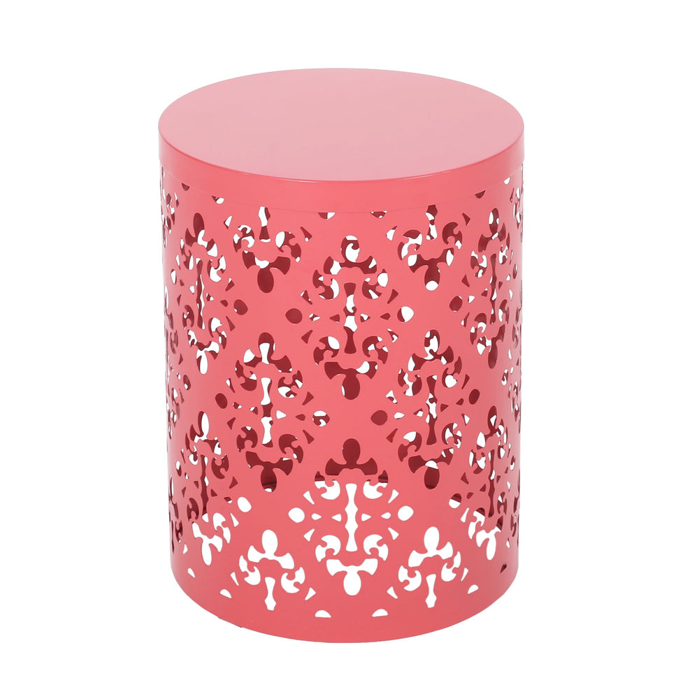 English Elm Outdoor Iron Accent Table Laser Cut Floral Cylinder Design for Patio or Balcony Coral 73605.00DCRL