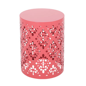 English Elm Outdoor Iron Accent Table Laser Cut Floral Cylinder Design for Patio or Balcony Coral 73605.00DCRL