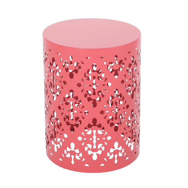 English Elm Outdoor Iron Accent Table Laser Cut Floral Cylinder Design for Patio or Balcony Coral 73605.00DCRL