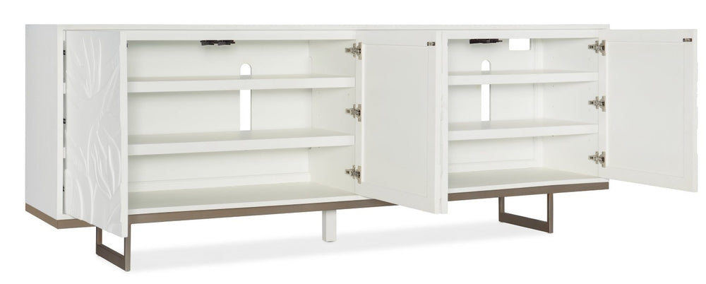 Hooker Furniture Melange Pristine White Four-Door Credenza With Raised Floral Motif, Gold Base, Touch-Latch Power Management 628-85631-02