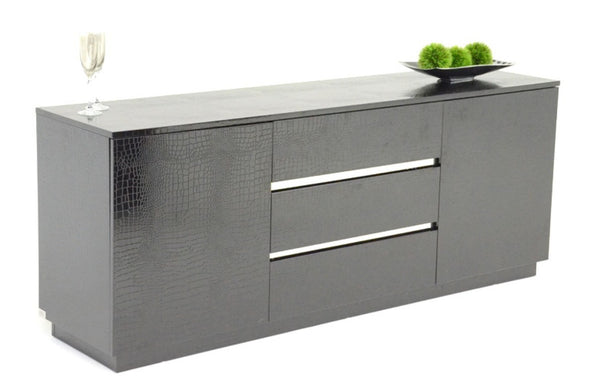 VIG Furniture Skyline Crocodile Lacquer Buffet With High-Gloss Black Finish, Slim Silver Accents & Spacious Storage VGUNAC636-180-BLK