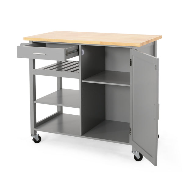 English Elm Christopher Knight Home® - Kitchen Island Cart with Solid Rubberwood Top, 41.75" Mobile Island with Drawer, Cabinet, Shelves & Wheels Grey 67756.00NATGRY