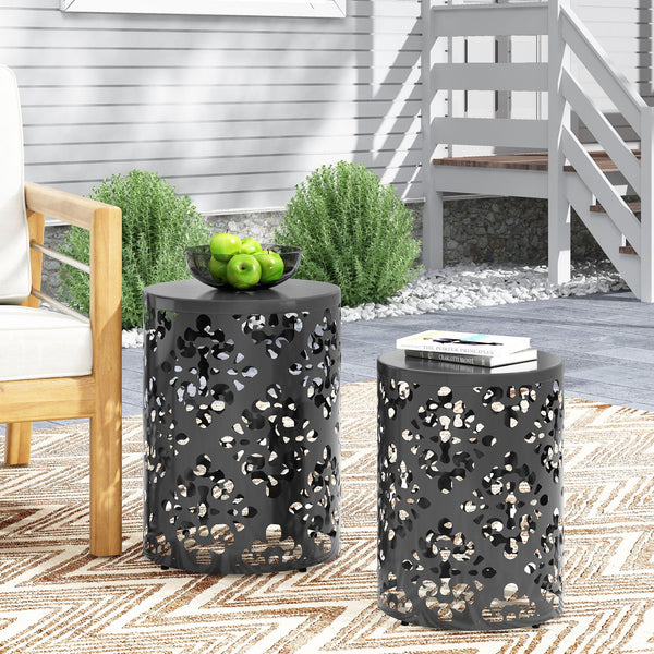 English Elm Metal Nesting End Table Set of Two with Floral Iron Cut Design for Living Room Black 73604.00BLK