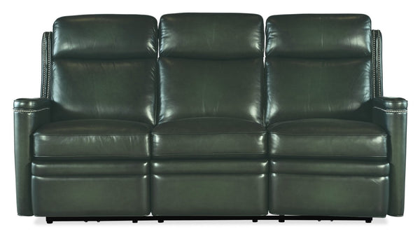 Hooker Furniture Hamilton Power Sofa With Semi-Aniline Leather, Zero-Gravity Recline, Usb Charging, Nailhead Trim Green SS116-PHZ3-029