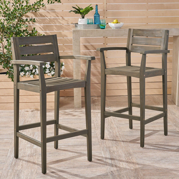 English Elm Wood Acacia Bar Stool with Ladder Back and Slatted Seat for Kitchen or Patio 62719.00GRY