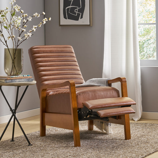 English Elm Christopher Knight Home® - Faux Leather Wood Hand Manual Club Recliner Light Brown PU Push-Back Channel Stitching Rubberwood Frame 71261.00PUCOGN
