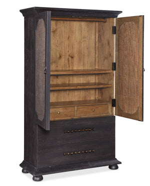 Hooker Furniture Big Sky Small Wardrobe — Charred Timber Pecky Hickory Armoire With Burlap Doors, Bronze Hardware, Vertical Storage 6700-90213-98