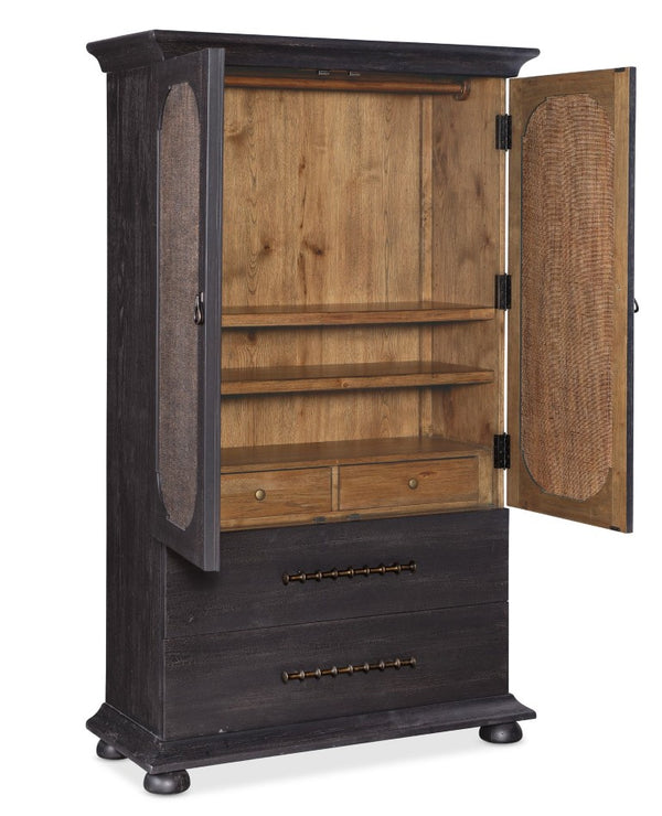 Hooker Furniture Big Sky Small Wardrobe — Charred Timber Pecky Hickory Armoire With Burlap Doors, Bronze Hardware, Vertical Storage 6700-90213-98