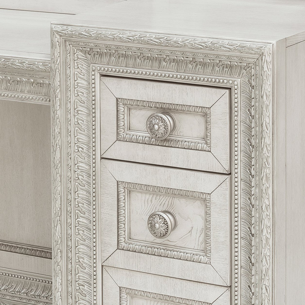 Pulaski Furniture Camila Glamorous Vanity With Trifold Mirror, Seven Storage Drawers And Luxurious Silver Accents White Rubberwood Solid And Quartered Prima Vera Veneer. P269-br-k11-pulaski