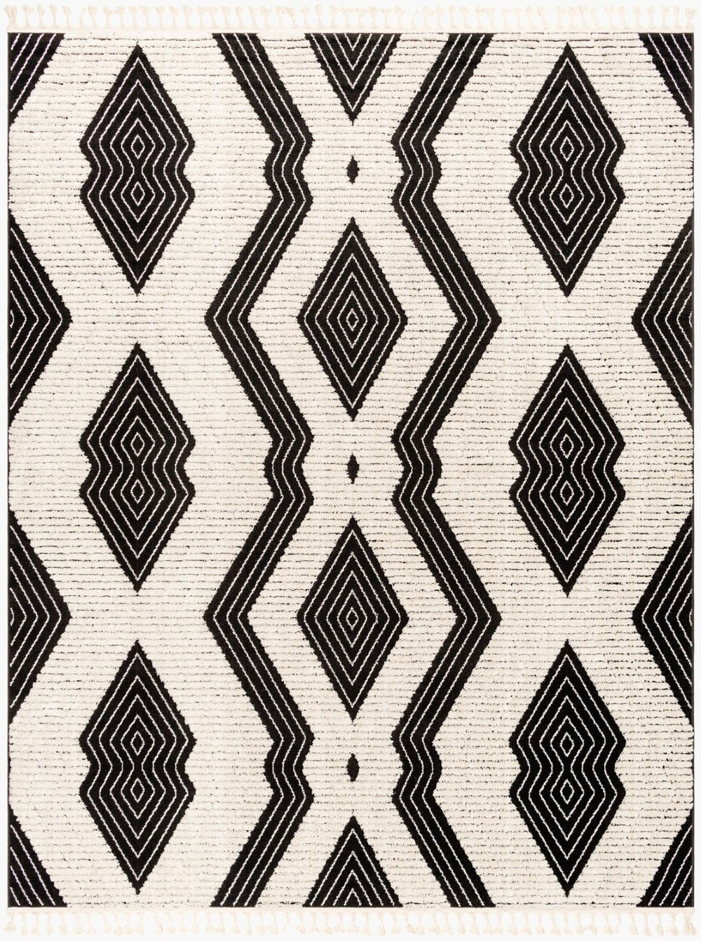 Livabliss Azilal Moroccan Geometric High Pile Polyester Accent Rug with Fringe for Entryways Black, Ivory 7'10" x 10' AZI2300-710102